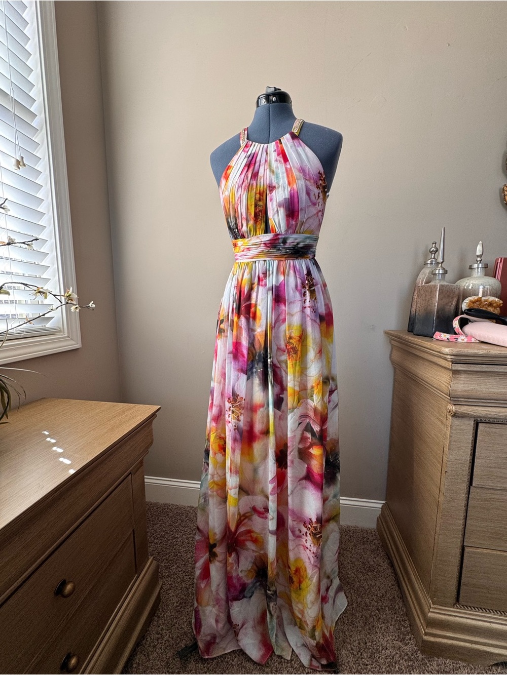 Floral Halter Maxi Dress in Pink & Yellow - Elegant Women's Evening Gown